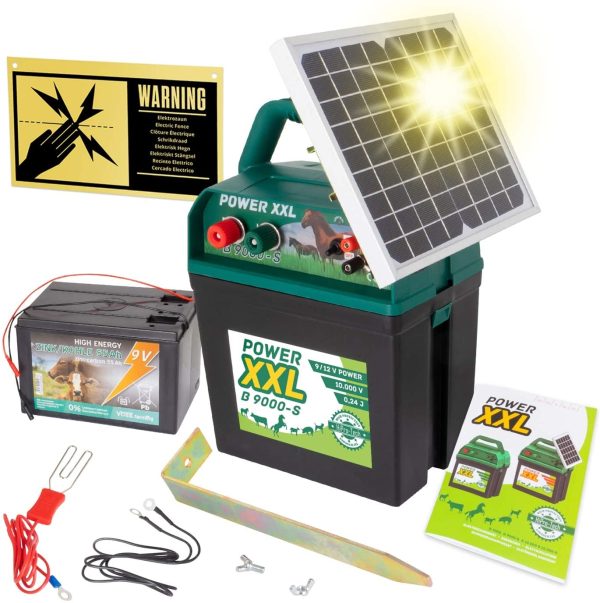 Power XXL Elettrificatore ad energia Solare B 9.000-S, incl.Batteria da 9 V, elettrificatore da 9 V/12 V, con Pannello Solare Molto efficiente, per recinzioni per Cavalli e Pony