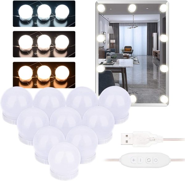 Vanity Lights, Lampade da Specchio Regolabili In Stile Hollywood con 10 Lampadine a LED Dimmerabili, 10 Modalit?? di Luminosit??, 3 Colori Chiari e Alimentatore USB, Specchio NON INCLUSO - immagine 4