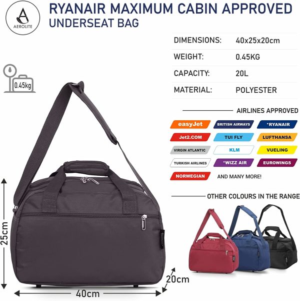 Aerolite Ryanair 40x20x25 Bagaglio a mano massimo Borsa da viaggio Borsa sportiva 20L (Carbone) - immagine 4