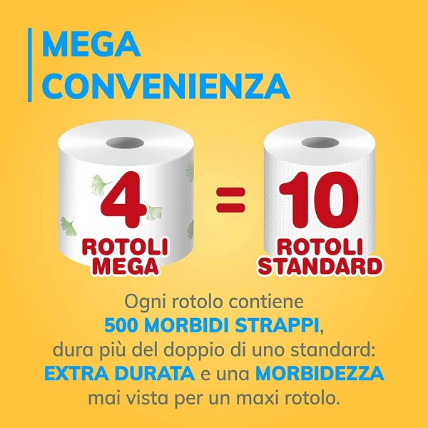 Foxy Mega | Carta igienica lunga durata | 4 rotoli | 500 strappi per rotolo | Carta 100% certificata PEFC? | Decorata | Confezione 100% riciclabile