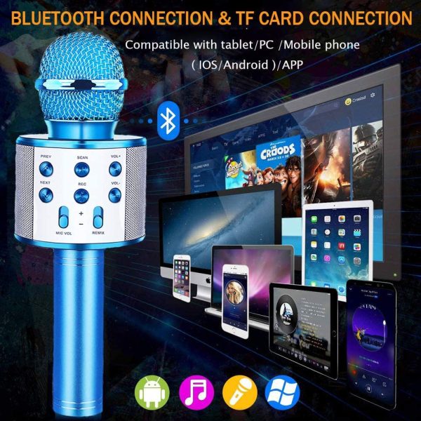 Microfono Karaoke Bluetooth per Bambini -  Microfoni Karaoke Wireless Altoparlante Cambia Voce Portatile Karaoke Player Festa di Famiglia Giocattolo Compatibile con Android iOS (Blue) - immagine 3