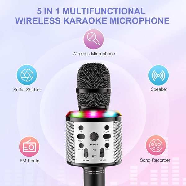 Microfono Karaoke Bambini, FISHOAKY 5 in 1 Microfono Bluetooth Wireless con Altoparlante e Controllabili Luci LED, Portatile Microfono Cambia Voce per Cantare, Palmare Karaoke per Android/IOS (nero)