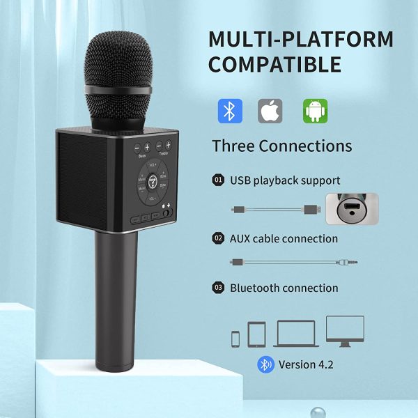 TOSING 04 Microfono Karaoke Bluetooth senza fili,Doppio altoparlante 10 W Volume +/-,USB/Aux fai da te Alti/Bassi/Eco per Adulti/Bambini Festa in casa Compleanno Natale Tutti Smartphone/Tv/Pc(Nero) - immagine 2