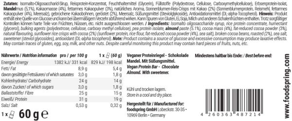 foodspring Barrette Proteiche Vegane, Cioccolato e Mandorla, 12 x 60g, Barretta proteica puramente vegetale senza aromi artificiali, a basso contenuto di zuccheri e alto contenuto proteico - immagine 3