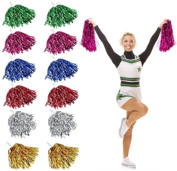 RMENOOR 12 Pezzi Cheerleading Pon-Pons, Pompon Metallici da Cheerleading, Cheerleader Pompoms per Festa Sport Danza Allegria Pompon di Plastica per Gli Sport Saluti Palla Danza, 6 Colori