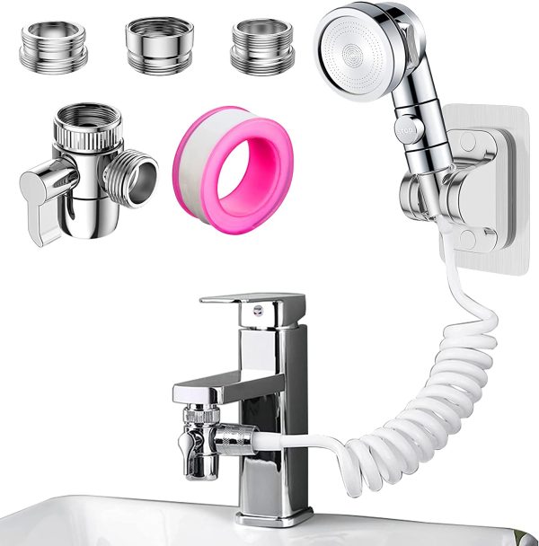 Soffione Doccino per Lavandino,  Set Soffione Doccetta con 3M Tubo Telescopico per Rubinetto del Bagno / Cucina, con Rubinetto Adattatore Aeratore M22, M24, G1/2 (Rubinetto non Incluso) - immagine 4