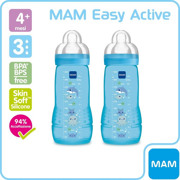 MAM Easy Active, Set 2 Biberon con tettarella misura 3 (flusso rapido), 4+ mesi, 330 ml, azzurro