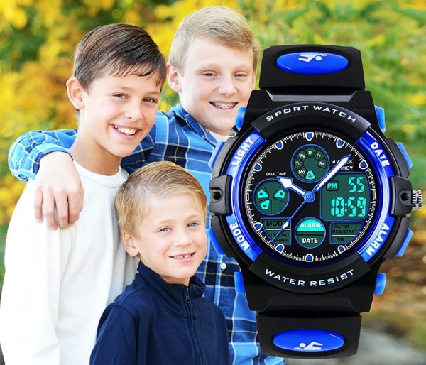 Bambini orologi digitali analogici per ragazzi - Childrens Outdoor orologio sportivo con allarme/Dual Time/LED, 5 atm impermeabile elettronico analogico da polso sportiva per adolescenti - immagine 3