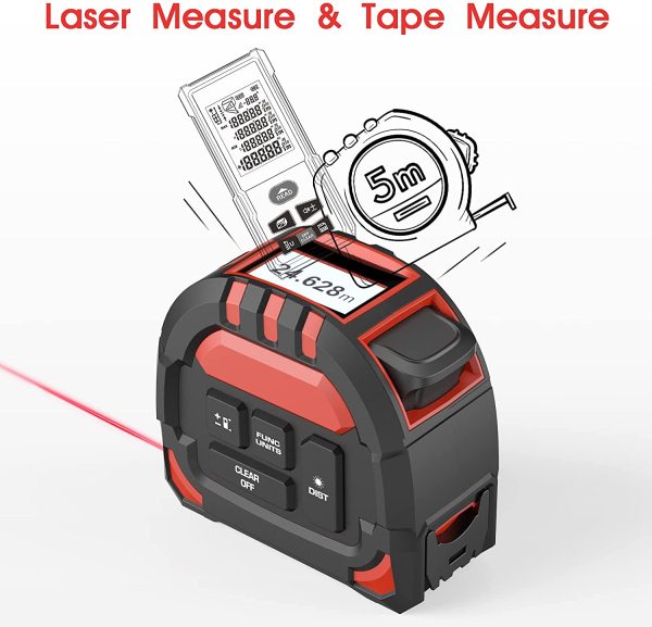 Metro Laser 40M, Misuratore Laser 2 in 1, Metro a Nastro 40M e nastro di misura 5M, con ricarica Type-C e display digitale LCD, 50 gruppi di memoria dati, misure di distanza/area/volume - immagine 5