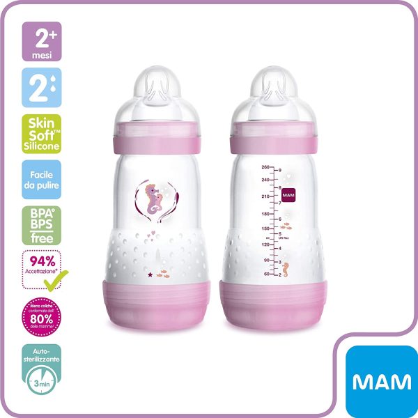 Mam Easy Start Biberon, Set di 2 Biberon Anticolica Base Ventilata, 2+ Mesi, 260 Ml, Colori assortiti - immagine 3