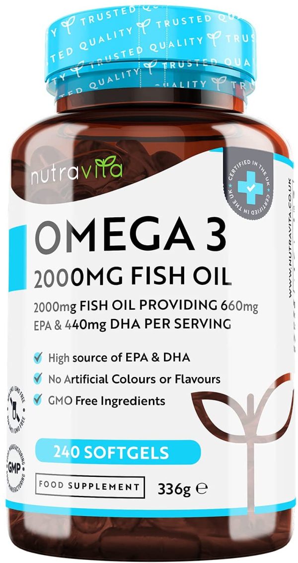 Omega 3 Olio di Pesce da 2000 mg - 660 mg EPA e 440 mg DHA per Porzione - 240 SoftGel Capsule di Olio di Pesce Puro - Fornitura per 4 Mesi - Prodotto nel Regno Unito da Nutravita - immagine 5