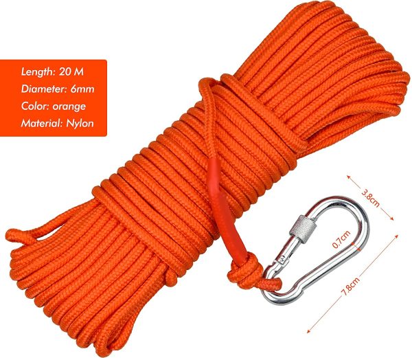 Cima per Ancora, 20m x 6mm Corda Multifunzionale in Nylon Magnete da Pesca con Moschettone per Outdoor, Sicurezza Durevole e Attività Campeggio, Arancia - immagine 2