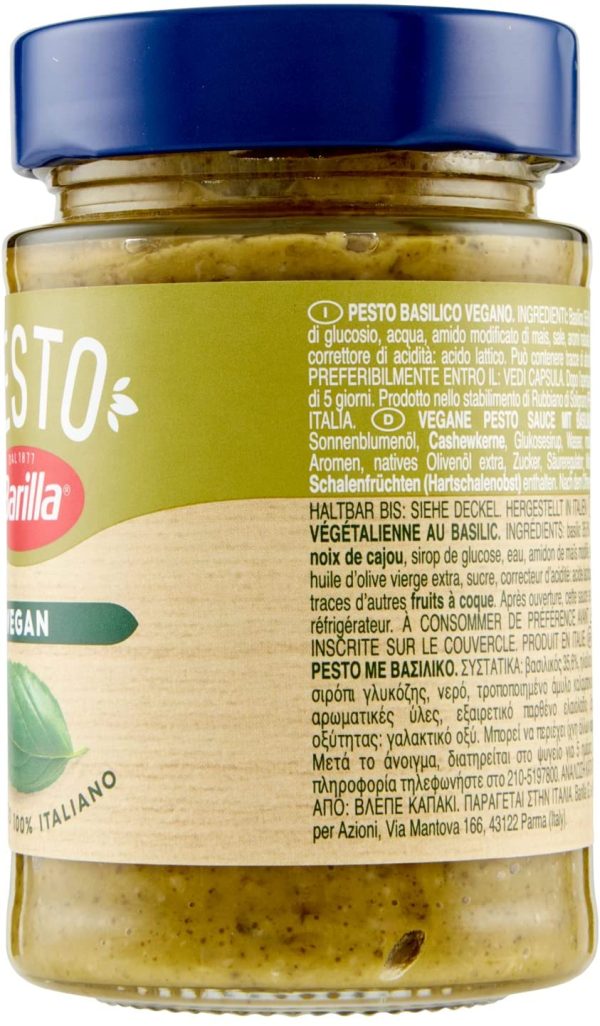 Barilla Pesto al Basilico 100% Vegetale, Pesto Vegano con Basilico Italiano, Senza Aglio, Senza Glutine e Senza Formaggi, Naturalmente Senza Lattosio, Sugo Pronto per Pasta, 195 g - immagine 2