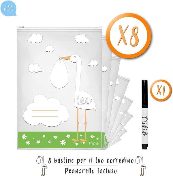 Mili?? 8 Bustine Corredino Neonato Ospedale 100% Made In Italy Sacchetti Cambio Neonato Ospedale 35x25 con Cursore Ermetico per Future Mamme Lista Nascita Beb?? Idea Regalo Neonati Maschio e Femmina - immagine 5