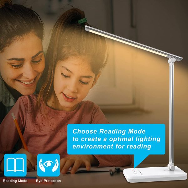 Aourow Lampada Scrivania LED Dimmerabile: Lampada Tavolo con 5 Colori di Luce e 5 Livelli di Luminosità,Porta di Ricarica USB per Smartphone,Lampada da Comodino con Touchscreen per Ufficio,Bambini