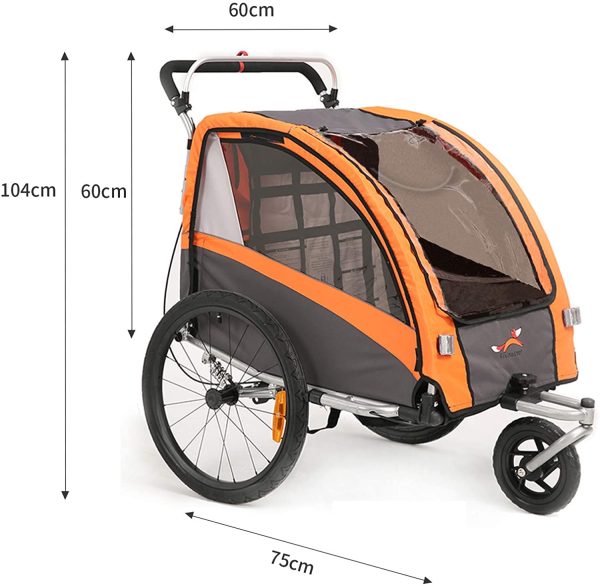 Rimorchio e Passeggino 2 in 1 Rimorchio per Bambino Bike Trailer con Buggy Set + Sospensione BT504S (Arancione)