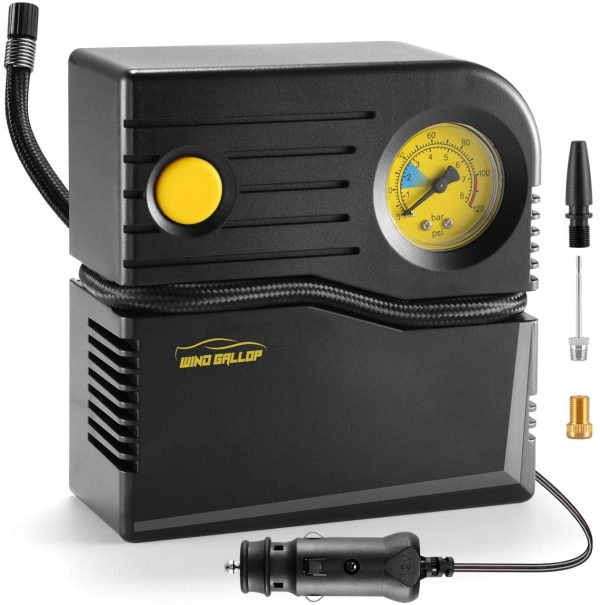 Mini Compressore Portatile per Auto Compressore 12V Professionale Gonfiatore Analogico per Pneumatici per Auto Pompa Aria Auto con Manometro per Pneumatici e Adattatori per Valvole (Giallo) - immagine 3