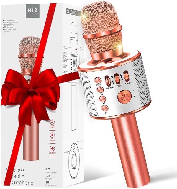 Microfono senza fili, per karaoke, portatile, con microfono, portatile, con microfono, per casa, feste, canto e conferenze, compatibile con dispositivi Android e iOS (color oro rosato) - immagine 3