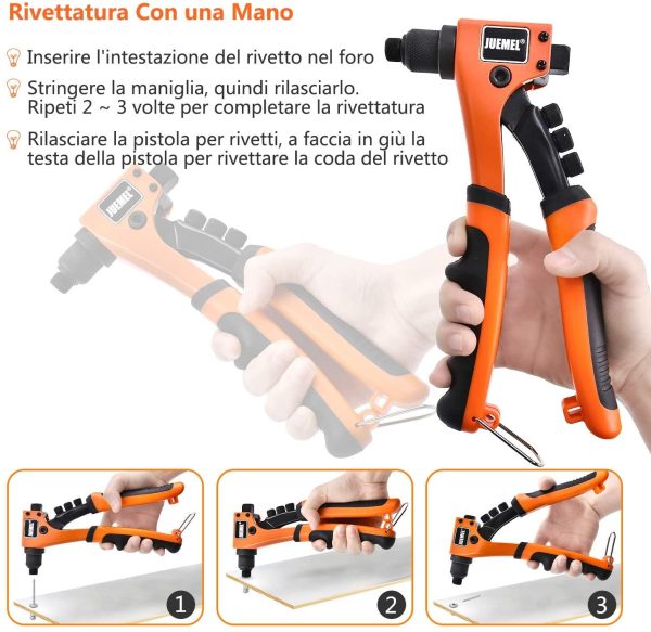 Rivettatrice Manuale,  Pistola per Rivetti con 4 Teste Intercambiabili, Rivettatrice Professionale 4 in 1, 80 Pezzi Rivetti - immagine 6