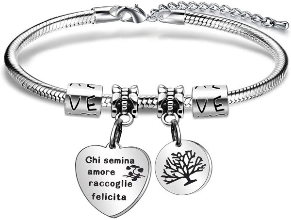 Angelra Bracciale da Donna con Ciondolo In Acciaio,"Chi Semina Amore Raccoglie la Felicita" Misura regolabile Incisione Argento Braccialetto (Style 2)