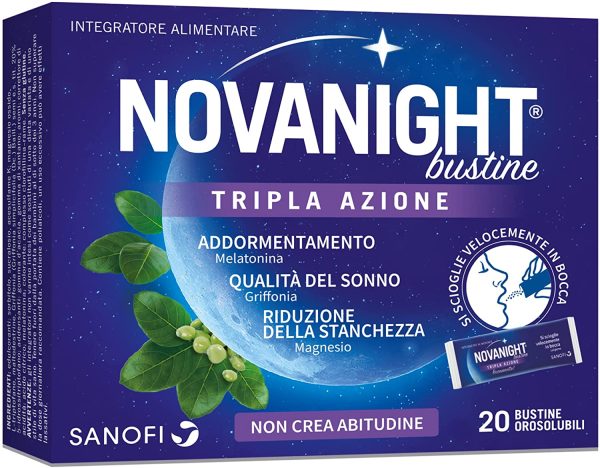 Novanight Bustine Tripla Azione Integratore alimentare con melatonina, griffonia e Magnesio, 20 bustine orosolubili - immagine 4