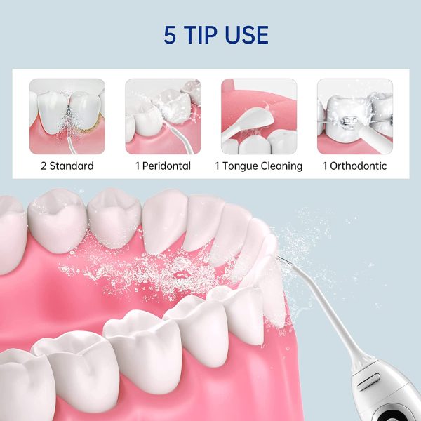 Idropulsore Dentale Portatile, Irrigatore Orale Professionale 300ml, 5 Modalit??, 5 Ugelli di Ricambio, USB Ricaricabile, IPX7 Impermeabile, per Viaggio,Casa, Ufficio (Bianco) - immagine 3