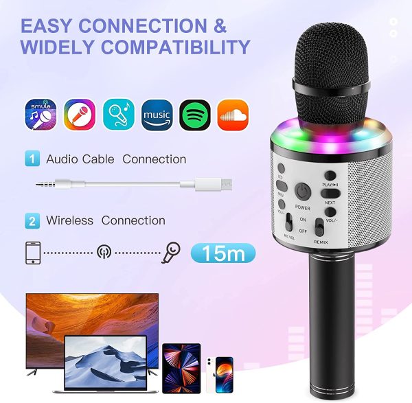 Microfono Karaoke Bambini, FISHOAKY 5 in 1 Microfono Bluetooth Wireless con Altoparlante e Controllabili Luci LED, Portatile Microfono Cambia Voce per Cantare, Palmare Karaoke per Android/IOS (nero) - immagine 4