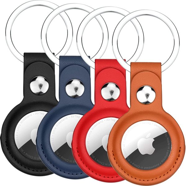 Airtags Portachiavi in Pelle di 4 Pezzi, Porta Air Tag per GSP, Apple, Chiavi Zaini e Animale, Custodia Anti-graffio, Mantiene Forte il Segnale GPS - Rosso Nero Blu Marrone - immagine 6