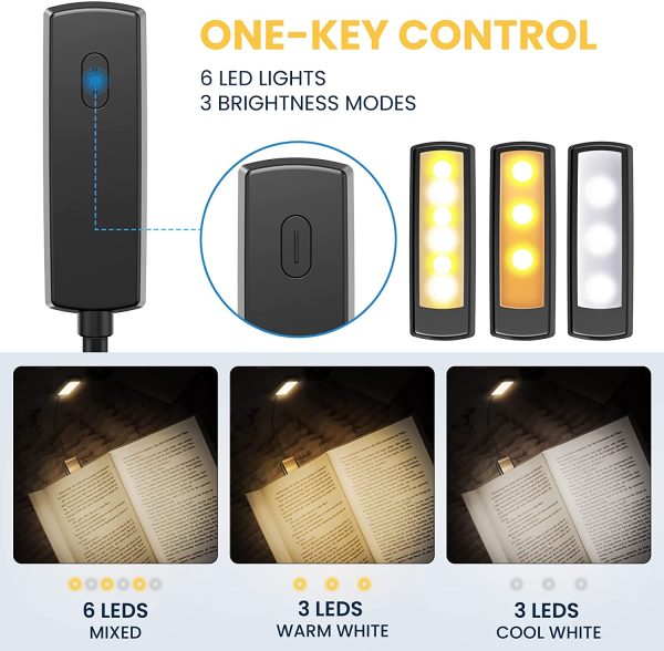 Luce da Lettura, USB Ricaricabile Lampada da Lettura , 6 LEDs 3 Modalità con Clip Luce per Lettura Libri a Letto, 360°Flessibile Collo Luce Lettura per Libro,Kindle,Portatili,Viaggio,Emergenza - immagine 6