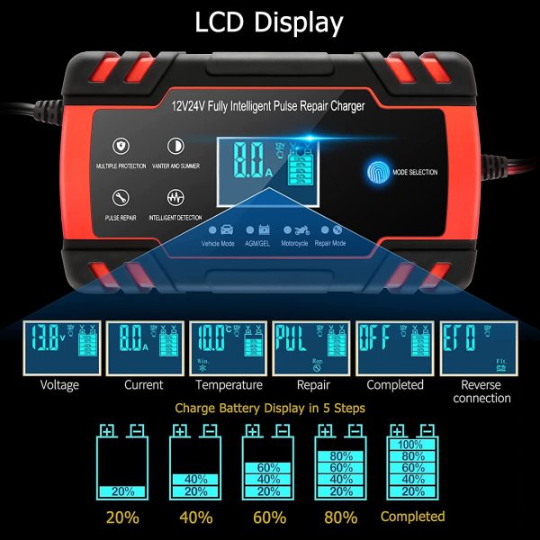 Caricabatteria da Auto, Caricabatteria da Auto 12V / 24V 8A Multi Protezioni Caricabatteria e Mantenitore,Intelligente Schermo LED Caricabatteria Completamente Automatico per Auto, Moto,Barche - immagine 2