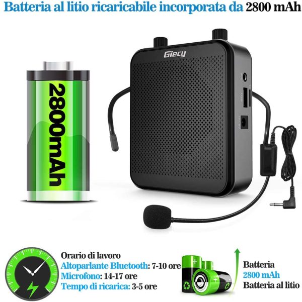 Giecy Amplificatore vocale portatile con microfono cuffia 30W Batteria ricaricabile 2800mah Sistema PA amplificatore vocale mini per insegnanti, guida turistica, allenatori, presentatori - immagine 5