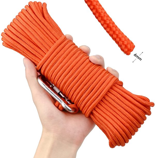 Cima per Ancora, 20m x 6mm Corda Multifunzionale in Nylon Magnete da Pesca con Moschettone per Outdoor, Sicurezza Durevole e Attività Campeggio, Arancia