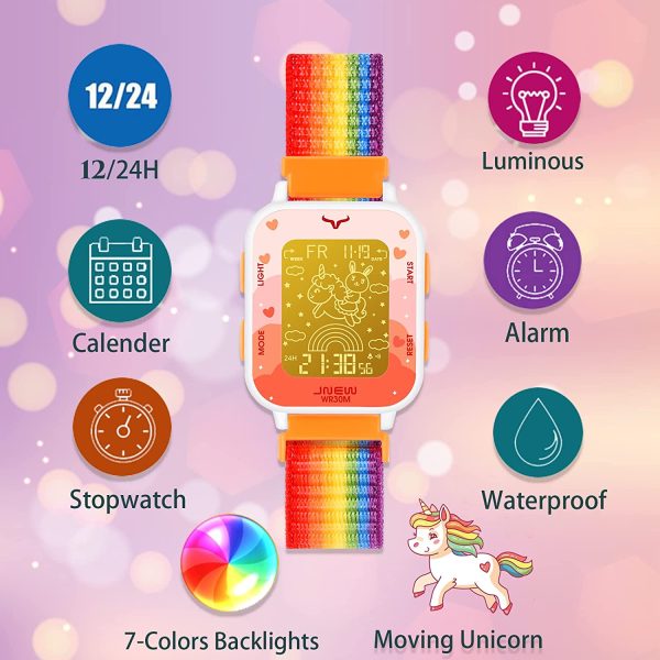 Venhoo Orologio Digitale per Bambini Cinturino in Nylon Intrecciato per Sport all'aria aperta, 7 Orologi da Polso Colorati con retroilluminazione con sveglia Cronometro Luminoso per Bambine - immagine 5