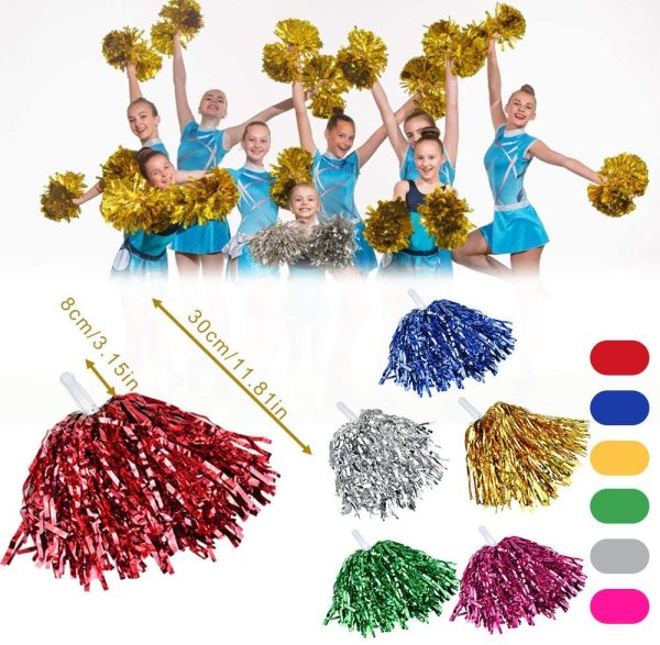 RMENOOR 12 Pezzi Cheerleading Pon-Pons, Pompon Metallici da Cheerleading, Cheerleader Pompoms per Festa Sport Danza Allegria Pompon di Plastica per Gli Sport Saluti Palla Danza, 6 Colori - immagine 3