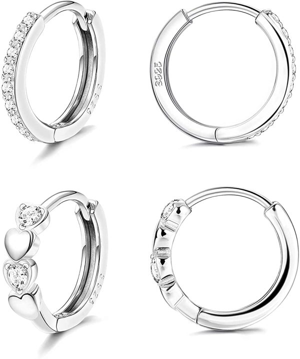 CASSIECA 2 Paia Cerchio Orecchini in Argento Sterling 925 per Donna Ragazze Cuore Orecchini Cerchio Piccolo Brillante Orecchini Zircone Orecchini