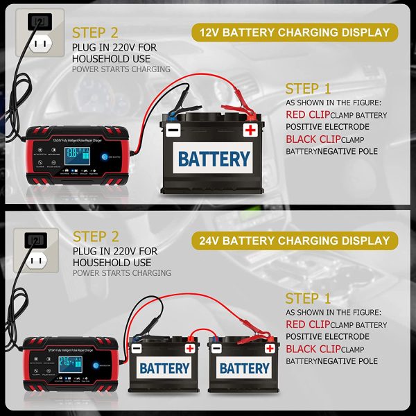 Caricabatteria da Auto, Caricabatteria da Auto 12V / 24V 8A Multi Protezioni Caricabatteria e Mantenitore,Intelligente Schermo LED Caricabatteria Completamente Automatico per Auto, Moto,Barche - immagine 6