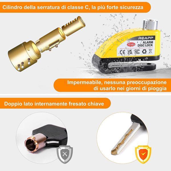 Bloccadisco Moto Lucchetto Moto Antifurto con Allarme Sonoro 110DB, Blocca disco Moto Protezione Antifurto per Moto Bici, Accessori con 2 chiavi und 1.5m Reminder - immagine 3