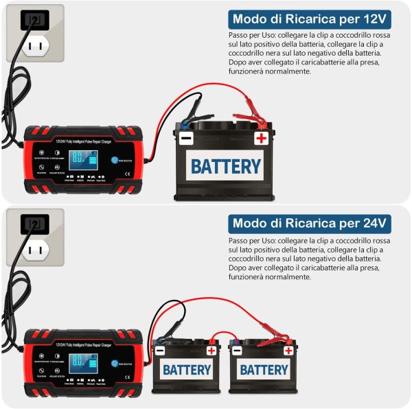 Mantenitore di Carica Auto 12V/24V 8A, Intelligente Automatico Caricabatterie Manutentore per Auto Moto Camion AGM Batteria con Schermo LCD - immagine 6