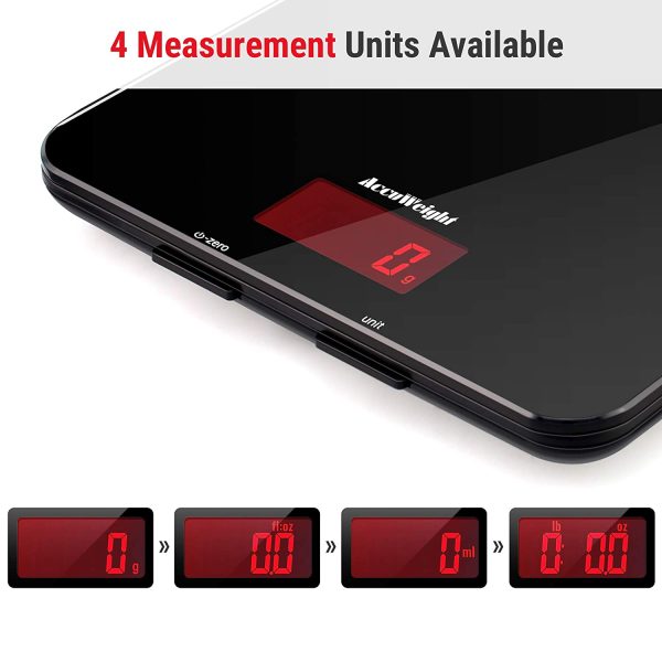 ACCUWEIGHT Bilancia da Cucina Digitale Con Funzione Peso Tara Bilancia Alimenti Elettronica Multifunzione con Display LCD per Pesare Cibo Liquidi Fino a 5 kg / 11 lbs Superficie in Vetro Temperato - immagine 8