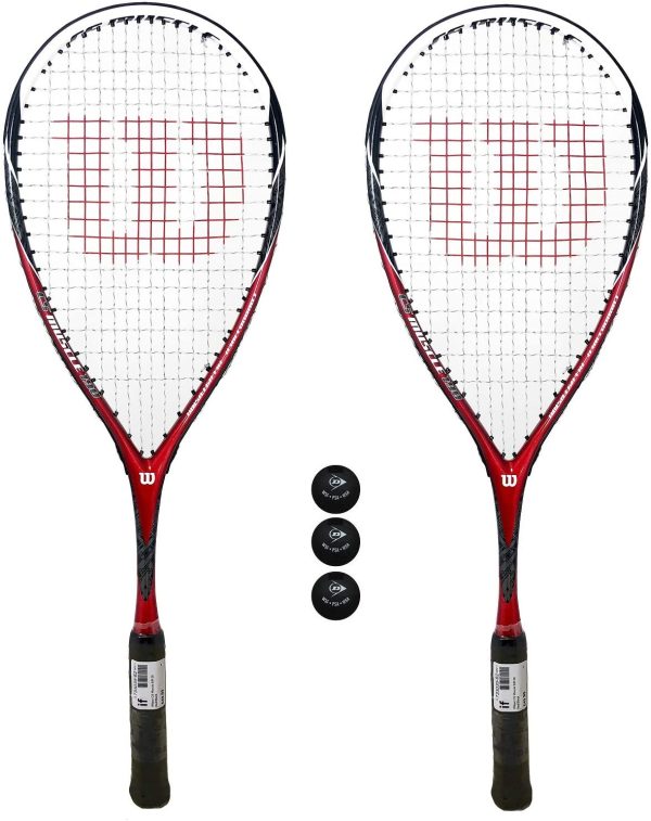 Wilson K 115 - Racchette da squash, set da 2 + palline da squash Dunlop, set da 3