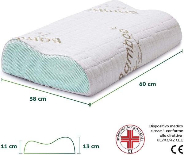 Cuscino Cervicale Memory Foam per Dormire Ortopedico Alto Aloe Vera Dispositivo Medico per Supporto al Collo Ergonomico Guanciale Letto Antirussamento Anallergico Federa in Bamboo Made in Italy - immagine 5