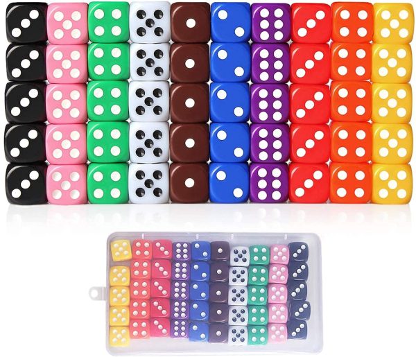 Lvcky 50Pcs 6 Sided Bright color Dices Dotted Low price Dice Game Set With Velvet Bag Bar KTV Party Math tutoring 16mm Mixed Color Great alternative to standard game dice - immagine 4