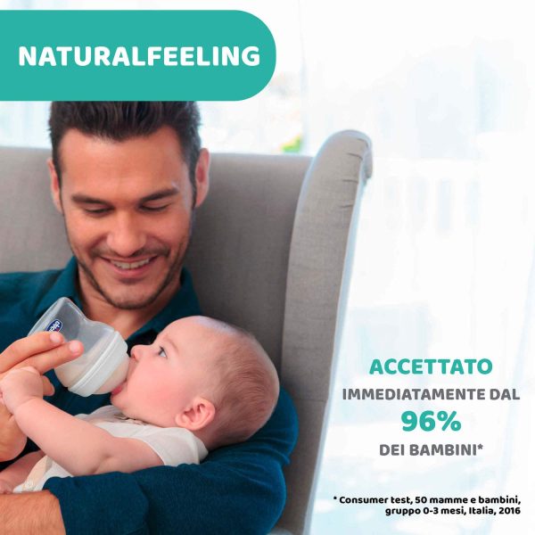 Chicco NaturalFeeling Biberon Anticolica 0+ Mesi, 150 ml, con Tettarella Inclinata in Morbido Silicone e Doppia Valvola, Allattamento Naturale e Istintivo, Azzurro