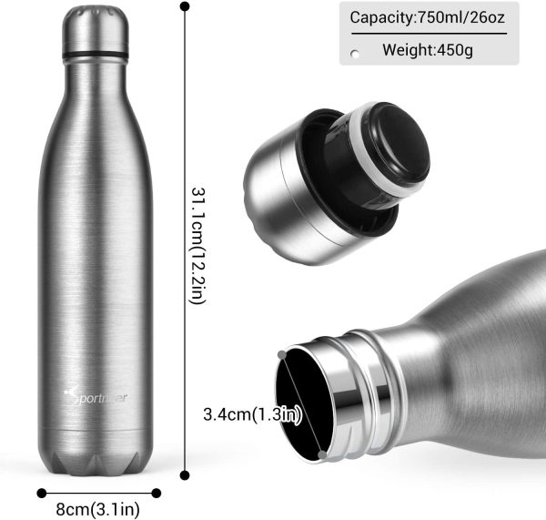 Sportneer Borraccia Termica in Acciaio Inox, Portatile Borraccia Acqua 500ml/750ml, Doppia Parete in Acciaio Inox Coibentato Bottiglia di Acqua, Bottiglia Sportive Thermos, Facile da Pulire