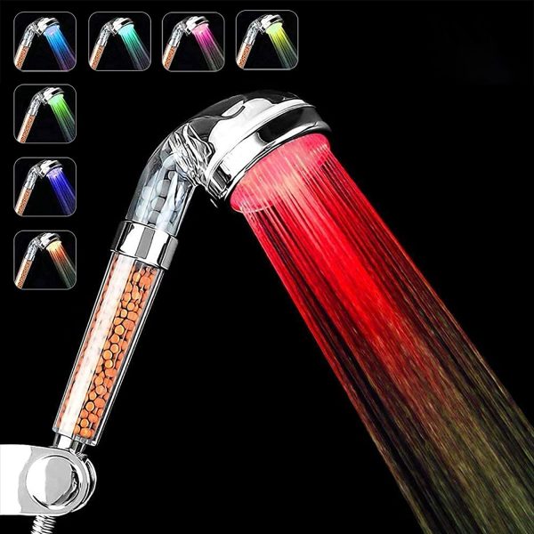 Soffione doccia a LED, 7 Colori Cambiano,filtro ionico SPA, filtro ad alta pressione, risparmio idrico Per la Pelle Secca e Capelli (7 Colori) - immagine 5