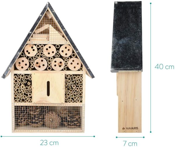 Navaris casetta per Insetti in Legno - rifugio Ecologico per Farfalle vespe api coleotteri 23 x 40 x 7cm XL Nido Tetto in Metallo - Materiali Naturali - immagine 2