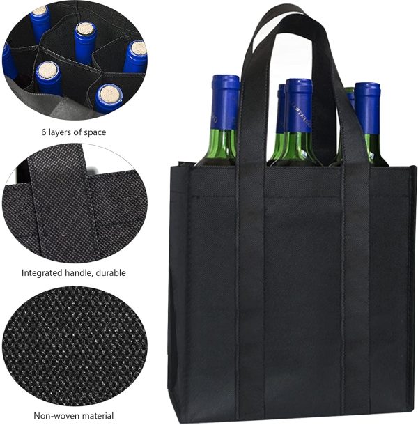 Borsa per Bottiglie Borsa Portabottiglie per 6 x 1,5L Bottiglie, Borsa Porta Bottiglie Vino 6 scomparti Portabottiglie Nero per Viaggi Picnic Feste Pacchetto Regalo - immagine 2