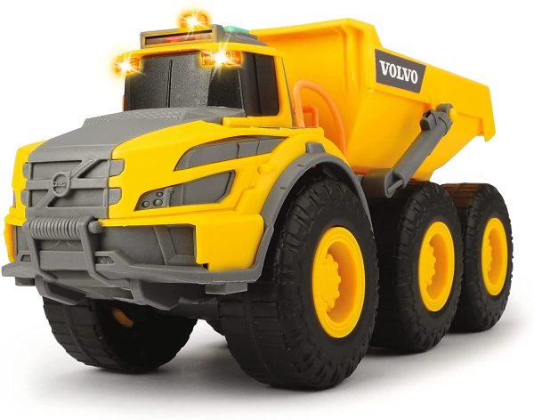 Dickie Toys 203723004 - Dumper Volvo con cassone ribaltabile, per bambini, cabina e superficie di carico inclinabile, luce e suono, con batterie incluse, lunghezza 23 cm, colori giallo/grigio