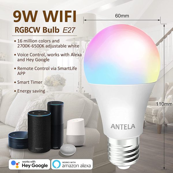 Lampadine LED Alexa Inteligente WiFi, Dimmerabile Lampadina ANTELA Smart 10W , RGB & 2700K-6500K bianco freddo caldo, compatibile con Alexa/Google Home, 4 pezzi - immagine 3