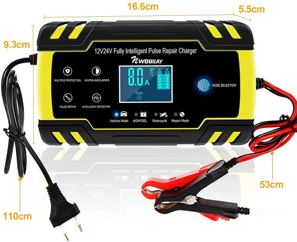 Caricabatteria Auto di Carica 8A 12V/24V Multi Protezioni di Carica Automatico Caricatore Intelligente Caricabatteria Auto Moto con Schermo LCD Touch Screen per Auto Moto Tosaerba o Barca